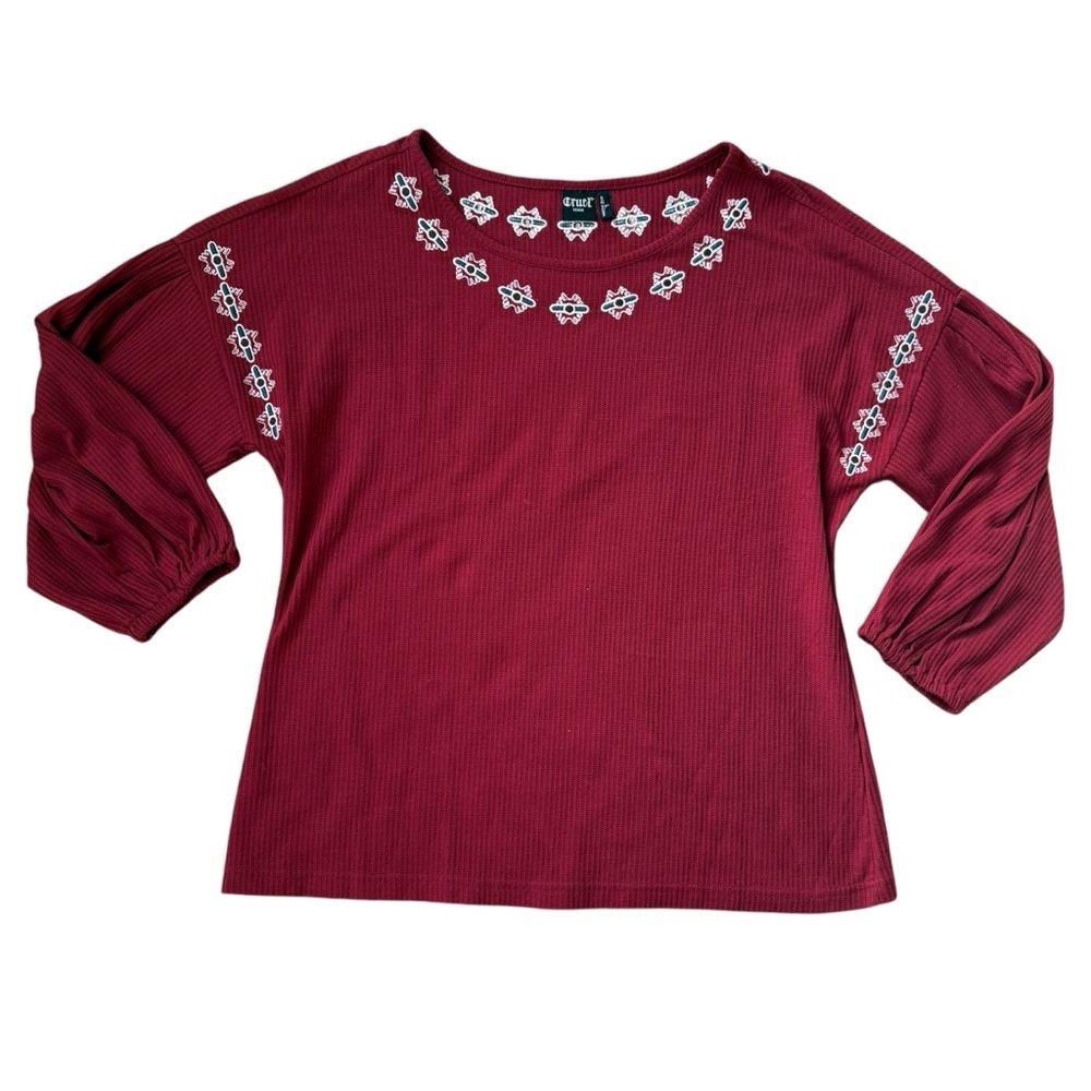 Cruel Red Ribbed White Embroidered Western Blouse Top Women’s Size Large